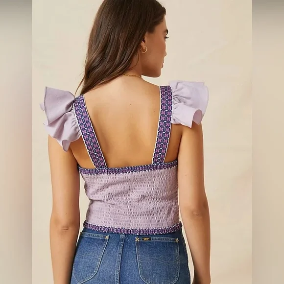Anthropologie Lavender Embroidered Ruffle-Sleeve Top - Picture 2 of 9